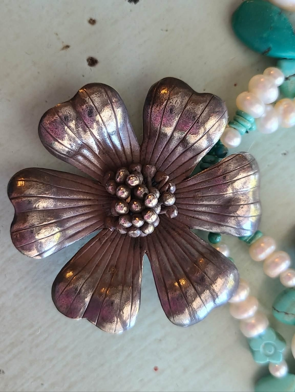Handmade Turquoise & Pearl Statement Necklace with Floral Pendant - Picture 2 of 3